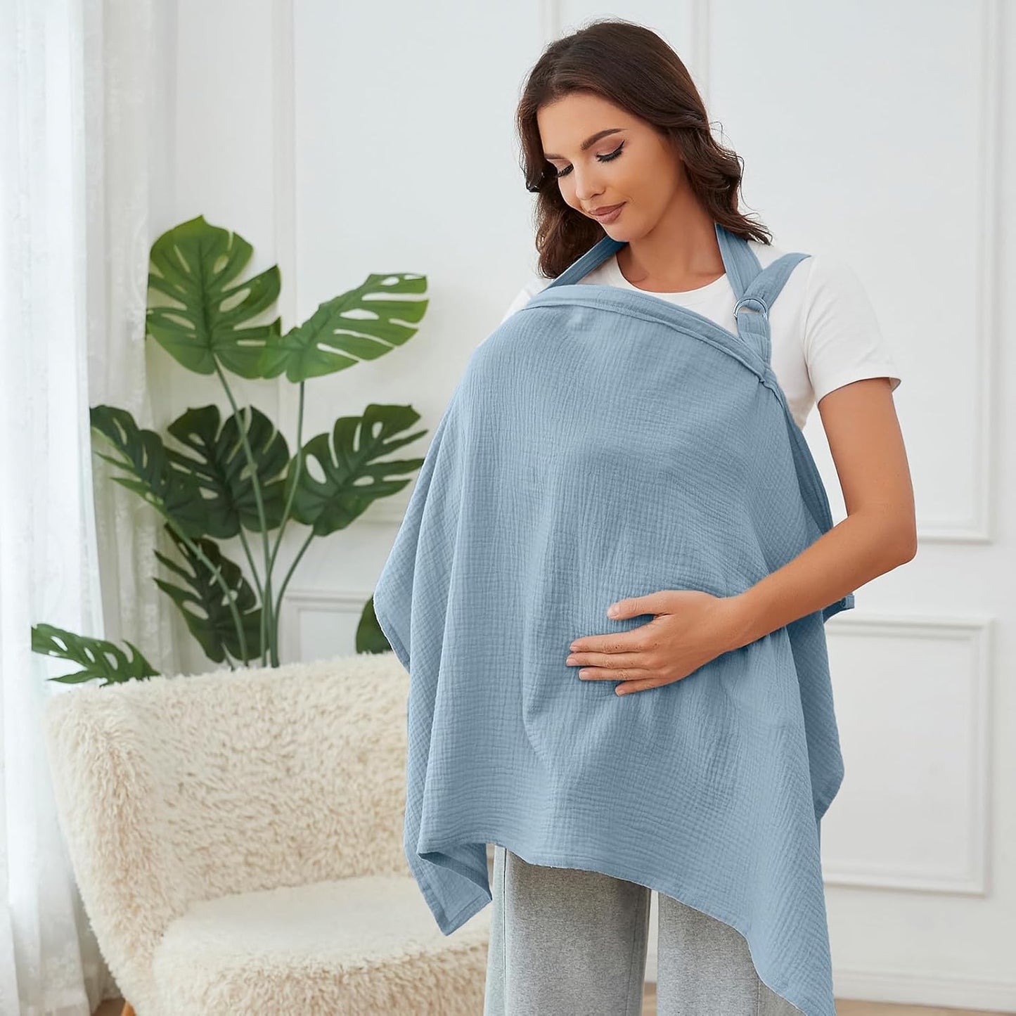 Muslin Nursing Cover for Breastfeeding, Breathable 100% Cotton Privacy Nursing Covers with Rigid Hoop for Mother Nursing Apron (Light Blue)