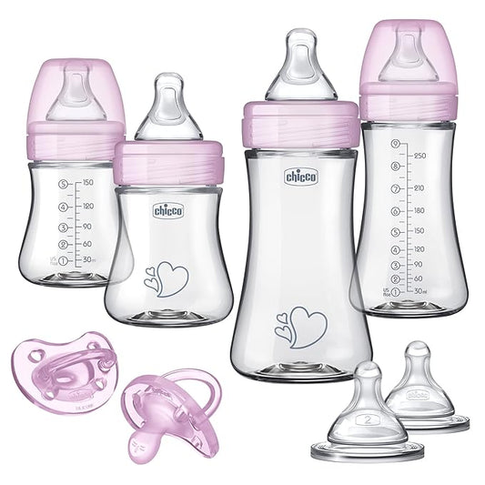 Chicco Duo Newborn Hybrid Baby Bottle Starter Gift Set with Invinci-Glass Inside and Plastic Outside | Dishwasher, Bottle Warmer, and Electric Sterilizer Safe | Intui-Latch Nipple | Clear/Pink