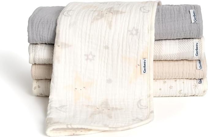 Gerber Baby Unisex Muslin Burp Cloths 5-Pack, Multi Stars, Large Size 20" x 10"