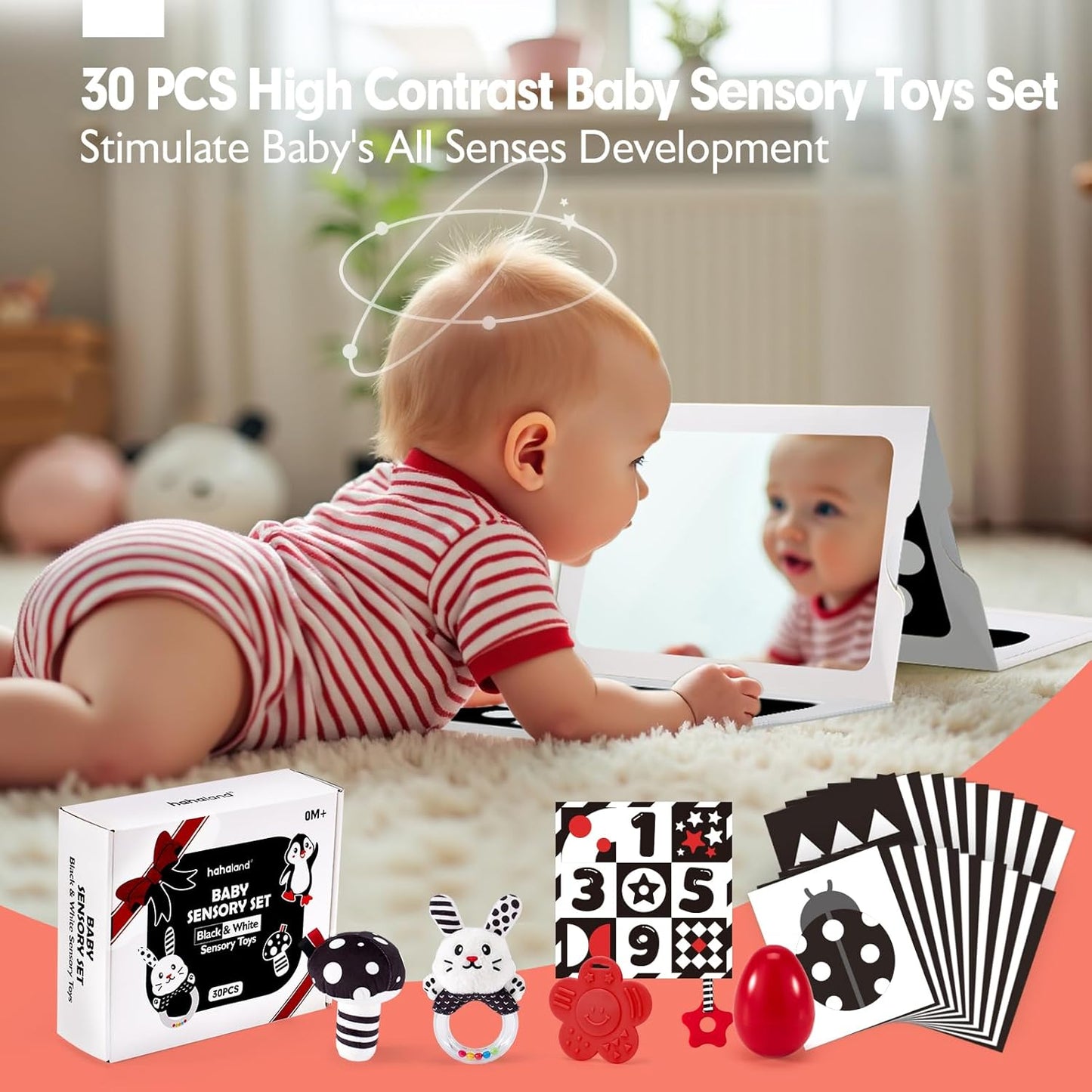 hahaland High Contrast Baby Toys for Newborn - Infant Baby Black and White Sensory Newborn Toys for Brain Development Montessori Tummy Time Toy for 0 3 6 Months