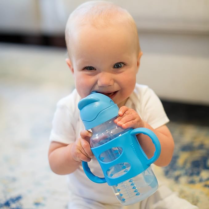 Dr. Brown's Milestones Wide-Neck Sippy Straw Bottle with 100% Silicone Handles and Weighted Straw, 9 oz/270 mL, Gray & Blue, 6m+