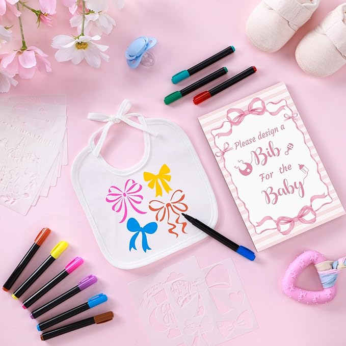 Newwiee 55 Pcs White Bibs for Baby Decorating Design a Bib Decorate Plain newborns Bibs Wooden Sign for Baby Shower Games Kit