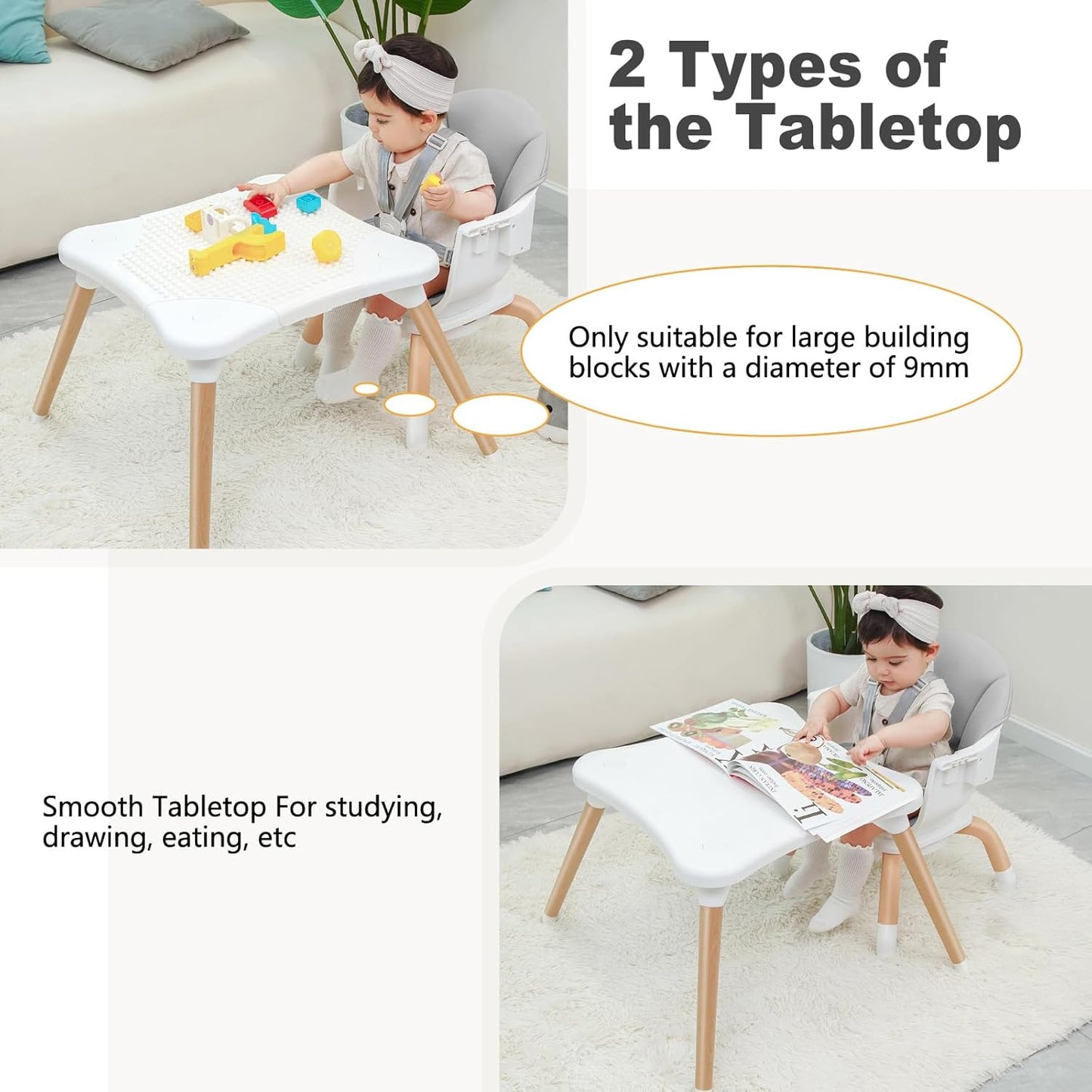 Baby High Chair, 7 in 1 Convertible High Chairs for Babies and Toddlers, Kids Learning Table, Building Block Table, Toddler Dining Chair with 360° Rotating Seat, 5-Point Safety Harness (Grey)