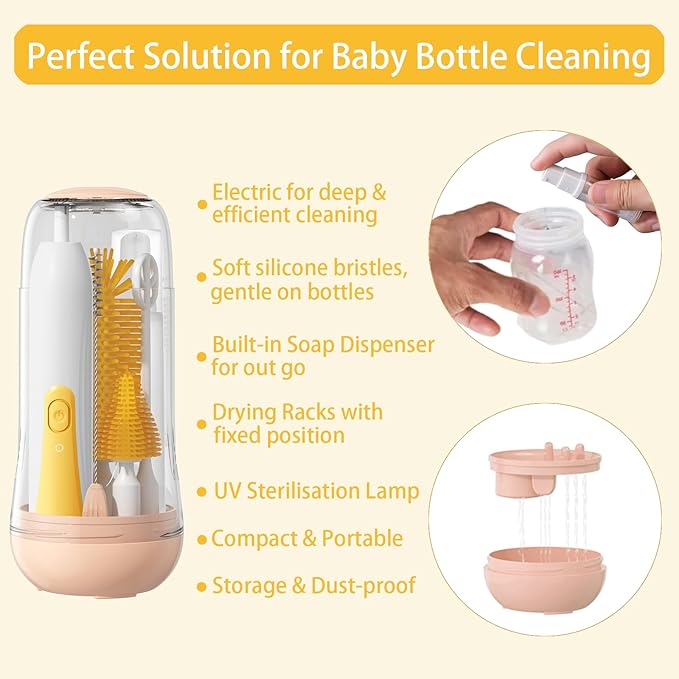 Electric Bottle Brush Cleaner, Baby Bottle Cleaning Set with Nipple Straw Brushes Drying Rack Soap Dispenser Rechargable Waterproof Multi-use E-Brush Kit for Travel & Home, Yellow