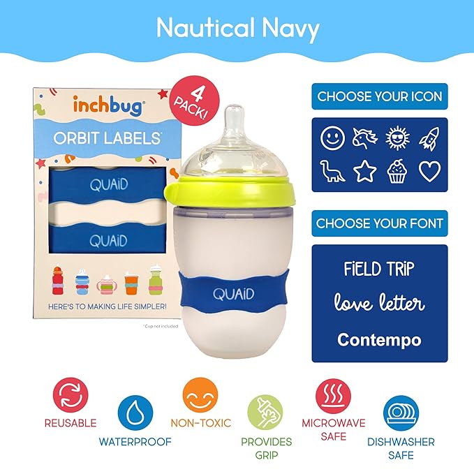 InchBug Orbit Labels Baby Bottle and Water Bottle Silicone Name Bands – Personalized Reusable Label Set for Daycare, Sippy Cups, Preschool, Elementary School, Dishwasher Safe, 4-Pack (Nautical Navy)
