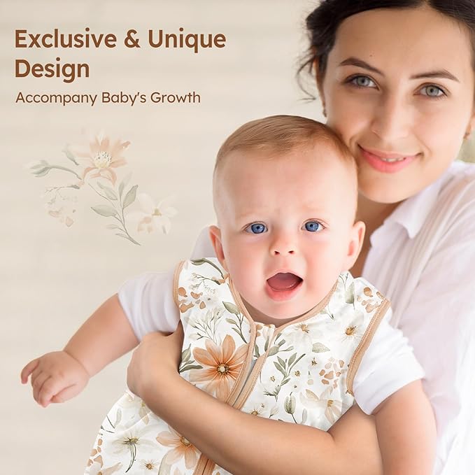 Baby Sleep Sack 12-18 Months 100% Cotton Lightweight 0.5 TOG Wearable Blanket Baby Sleep Bag with 2-Way Zipper for Infant Toddler Orange Flowers