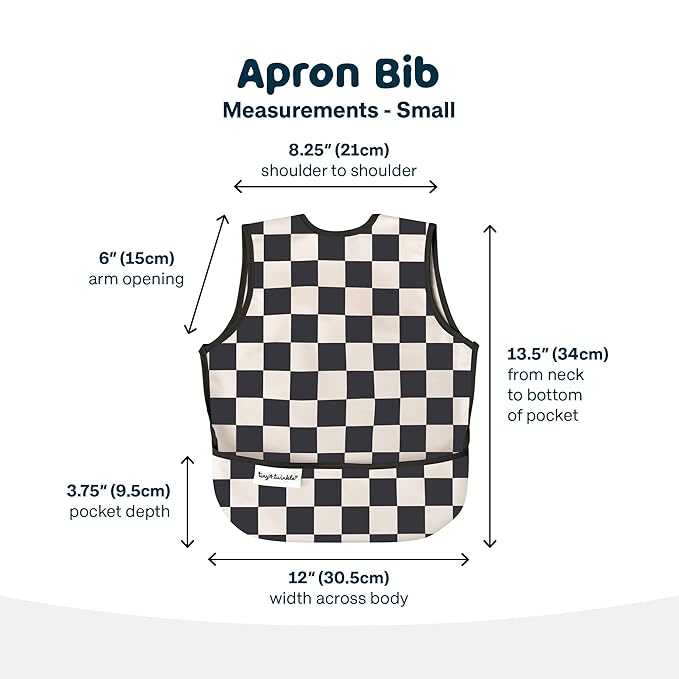Twinkle Short Sleeve Apron Baby & Toddler Bib – Waterproof, Mess-Proof Bibs for Eating & Feeding, Machine Washable, Perfect Holiday Gift (Black Checkers, 6–24M)