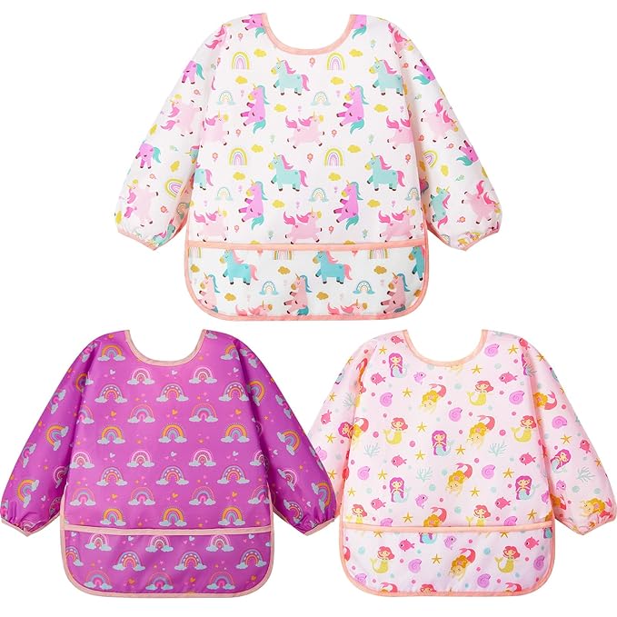 Lictin 3 Pack Baby Bibs for Boy or Girl, Cute Long Sleeve Bib, Waterproof Bibs for Toddlers,Adjustable Closure Baby Smock, Mess Proof Baby Bib, 6-24 Months Reusable Infant Baby Bibs