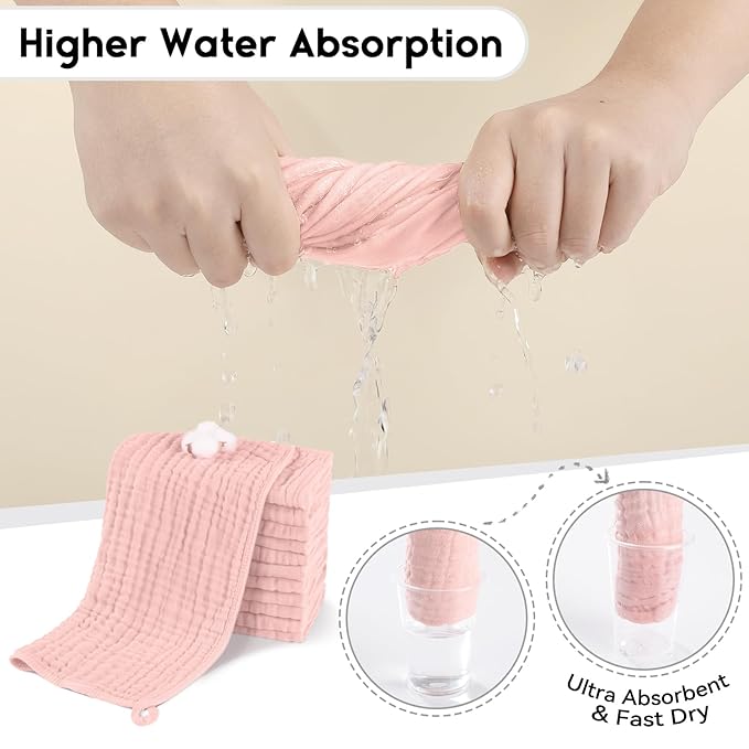 Muslin Burp Cloths for Baby 100% Cotton Burping Cloths for Boys Girls Large 20''X10'' Extra Soft and Absorbent 12 Pack - Flesh Pink