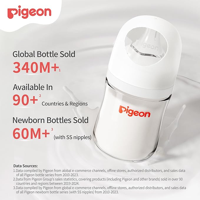 Pigeon Glass Nursing Bottle Wide Neck, Anti-Colic, Streamlined Body, Natural Feel, Easy to Clean, Heat-Resistant, 5.4 Oz(Pack of 2), Includes 2pcs SS Nipples (0m+)