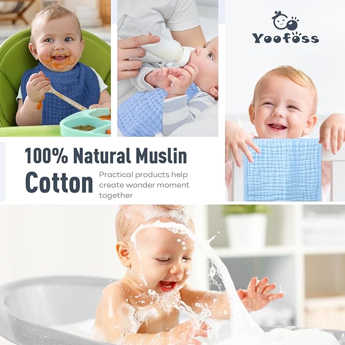 Yoofoss Muslin Burp Cloths for Baby 10 Pack 100% Cotton Baby Washcloths for Boys Girls Large 20''X10'' Super Soft and Absorbent Progressive Blue