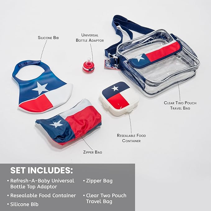 Refresh-A-Baby Feeding Essentials Kit for Feeding on The go Includes: Universal Bottle Top Adaptor Resealable Container Silicone Bib Clear Travel Bag & More (Texas Star)