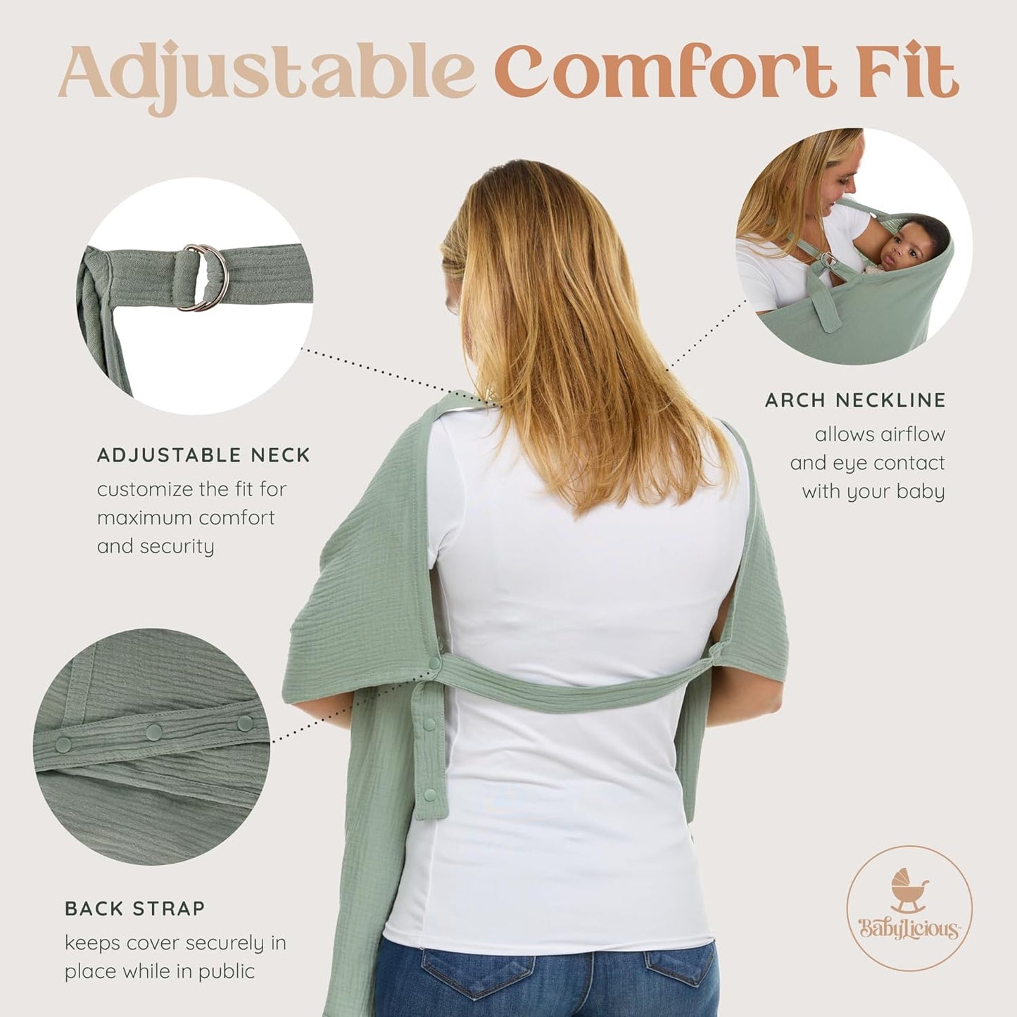 Muslin Nursing Cover Up for Breastfeeding - Breast Feeding Covers for Women| Breathable 100% Muslin Cotton Breastfeeding Cover with Arch-line & Adjustable Straps| Nursing Essentials - (Sage Green)