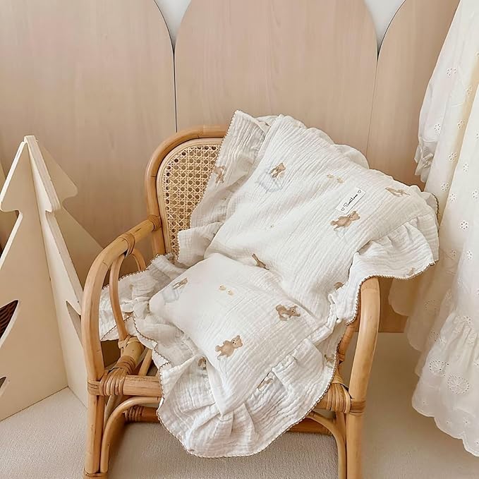 BuLuTu Muslin Cotton Girls Boys Pillow Case Standard Size, Cute Bear Children Pillowcase Neutral Baby Kids Pillow Cover Envelope Closure, 1 Piece, Bedding Decor, Machine Washable