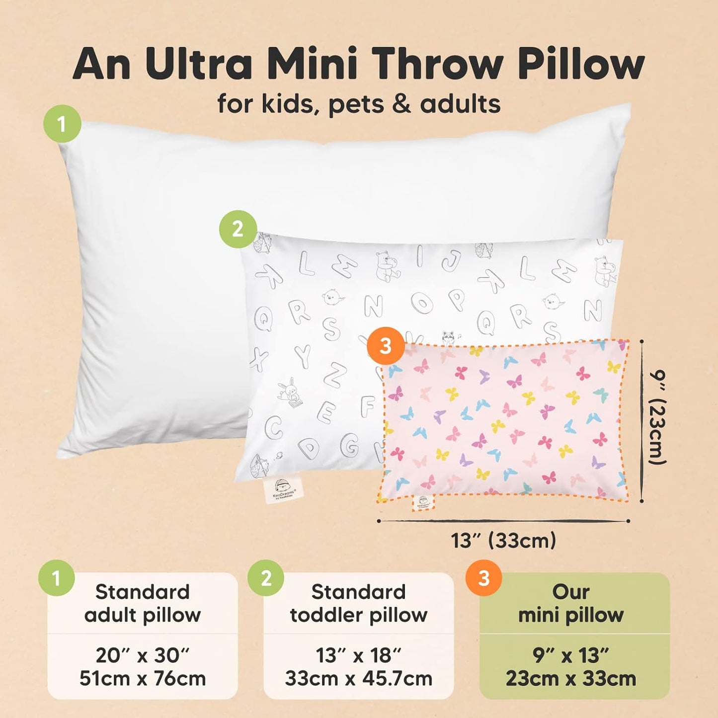 Mini Toddler Pillow with Pillowcase - 9x13 My Little Dreamy Travel Kids Pillow for Sleeping, Toddler Bed, Small, Tiny, Organic Cotton Pillowcase, Soft & Breathable, Kids 2-4 Years Old (Flutter)