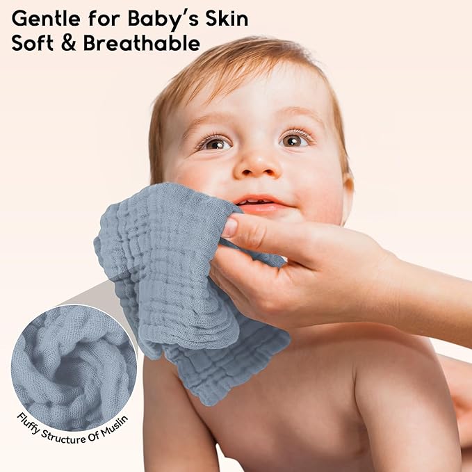 Muslin Baby Washcloths 6 Pack, 100% Cotton Wash Cloths for Babies, Large 12''X12'' Burp Cloths Absorbent and Soft for Newborn Infants Kids Boys Girls - Apricot Green Sapphire Blue