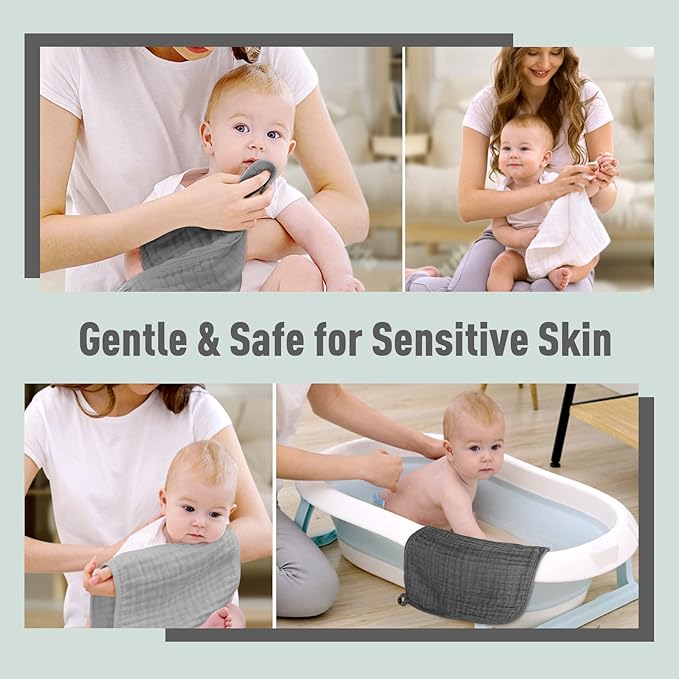 Yoofoss Muslin Burp Cloths for Baby 10 Pack 100% Cotton Baby Washcloths for Boys Girls Large 20''X10'' Super Soft and Absorbent Gradient Grey