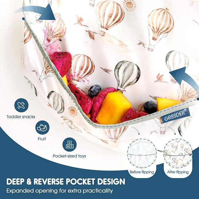GRSSDER 3-pack Mess Proof Baby Feeding Bibs with Food Catcher Pocket, Soft Lightweight Waterproof Fabric Material with Zero Plastic-like Feel, Adjustable and Easy Clean Toddler Bibs for 6-36 Months