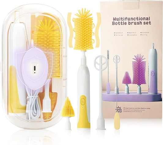 Electric Bottle Brush,Electric Baby Bottle Brush Set with Silicone Bottle/Pacifier/Straw Brush and Mixing Head, Water Bottle Cleaner Brush with Drying Rack, 2 Modes & 360° Rotation (Yellow)