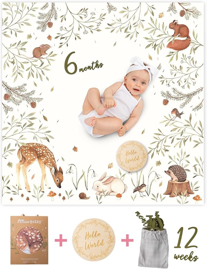 100% Organic Cotton Muslin Monthly Baby Milestone Blanket with Wooden Hello World Newborn Sign, Newborn Photography Props, Birth Announcement Sign, Woodland