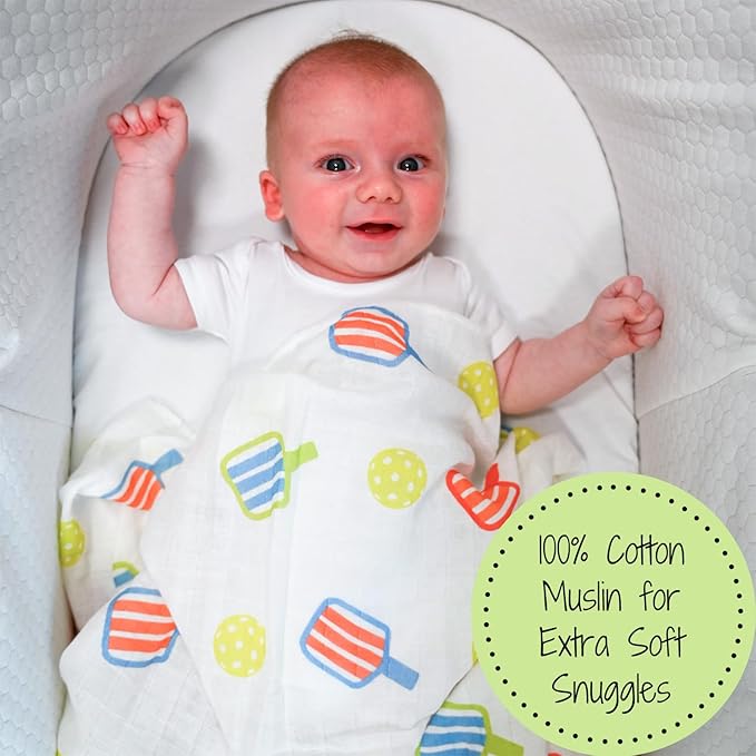 LollyBanks Swaddle Blanket, 100% Cotton Baby Blanket, Soft Muslin Swaddle Blankets 47 x 47 Inches, Nursery Swaddling Blankets for Boys and Girls, Baby Essentials, Registry (Pickleball Print)