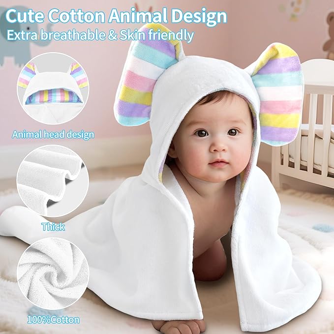 VOOVA & MOVAS Thick Baby Hooded Bath Towel - 100% Cotton,500GSM, 33x31.5 Inches,0-2Years, Super Absorbent Large Towel with Cute Elephant Ears Hood for Newborn, Baby, Infant, Baby Essentials,White