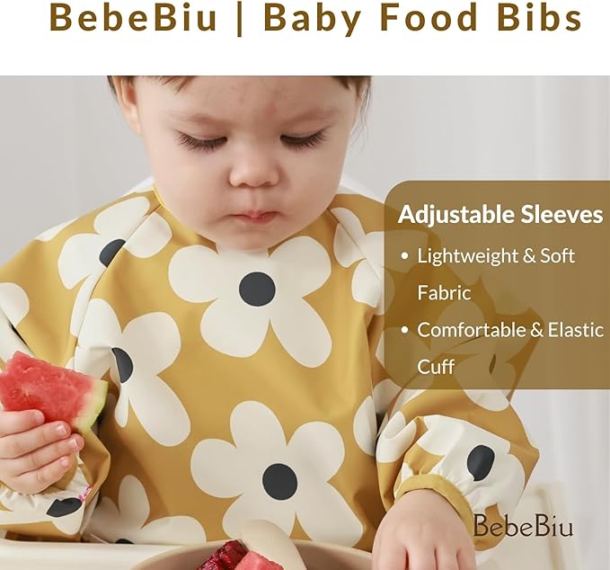 Long Sleeve Baby Bib, Waterproof Fabric, Catch-All Pocket, Baby Smock Bib, Adjustable Sleeves