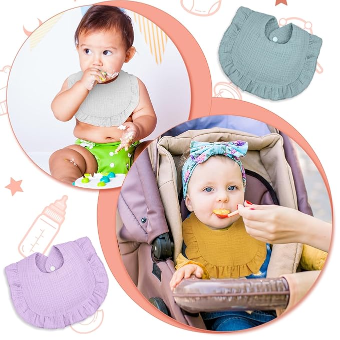Seematn 10 Pcs Baby Muslin Bibs Drool Bibs Bandana Ruffle Soft Cotton for Newborn Baby Infants Girl Teething Toddlers Boy(Gentle Colors)