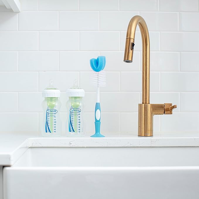 Dr. Brown's Reusable Sponge Baby Bottle Cleaning Brush with Suction Cup Stand, Scrubber and Nipple Cleaner, Assorted Color 1-Pack