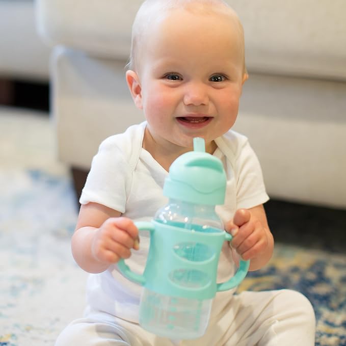 Dr. Brown's Milestones Wide-Neck Sippy Straw Bottle with 100% Silicone Handles and Weighted Straw, 9 oz/270 mL, Green, 6m+