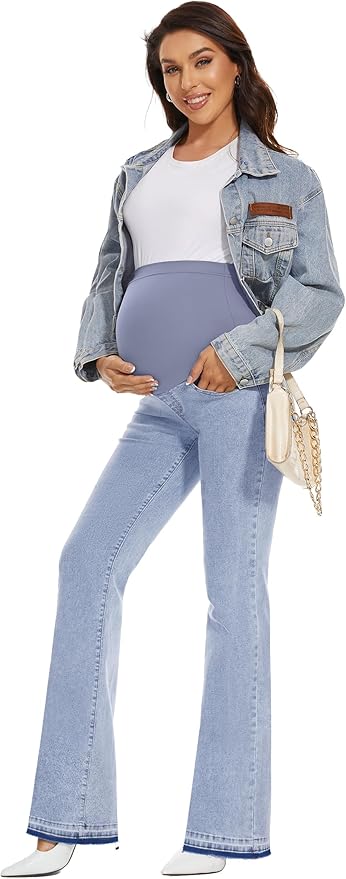 GLAMIX Women's Stretch Maternity Bootcut Jeans with Pockets Over The Belly Bell Bottoms Flare Denim Pants Pregnancy Clothes