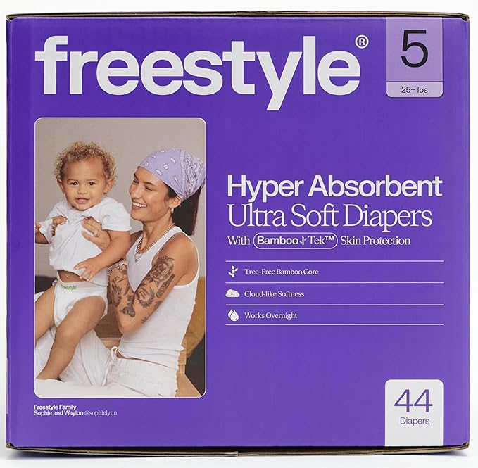 Freestyle BambooTek Diaper – (Size 5) Hyper Absorbent & Non-Toxic – Disposable Diaper for Sensitive Skin – Ultra Soft Diaper's (25+ lbs) – 44 Count