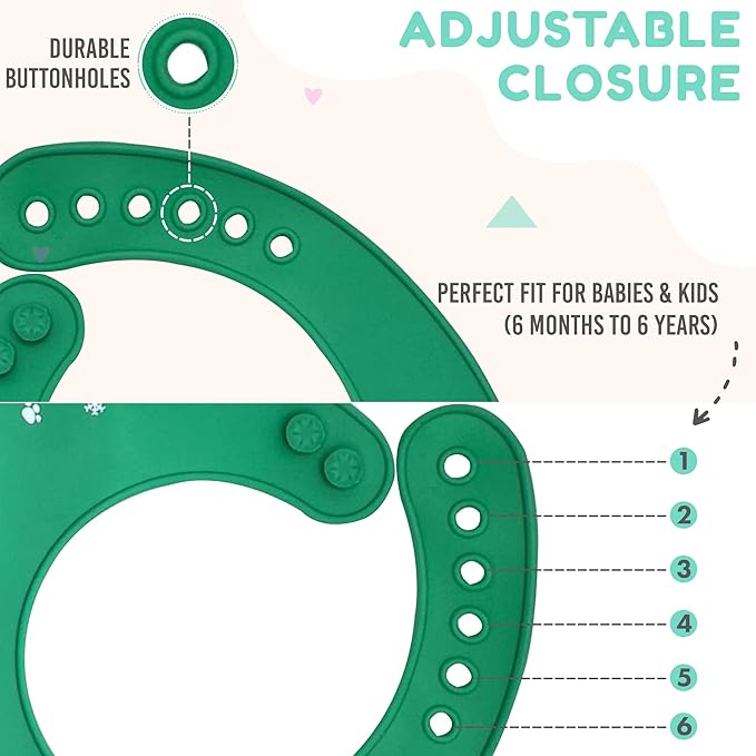 Silicone Baby Bibs Unisex, Self-Feeding, Catch-all Large Pocket, 6-48 months, BPA-Phthalate Free, w/Travel Case