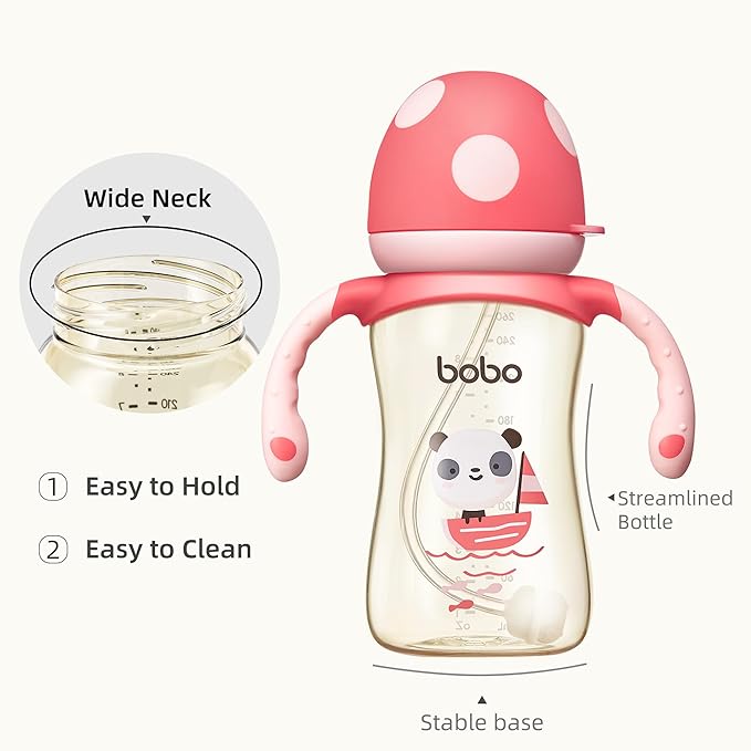 YOHKOH Natural PPSU Baby Bottle with Natural Response Nipple, Newborn Anti-Colic Baby Bottles with Handle, Wide Neck Mushroom Cap Baby Bottle (8.8oz (Pack of 4), Red)