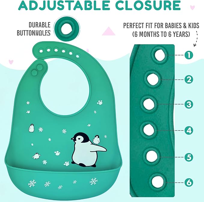 Silicone Baby Bibs Unisex, Self-Feeding, Catch-all Large Pocket, 6-48 months, BPA-Phthalate Free, w/Travel Case