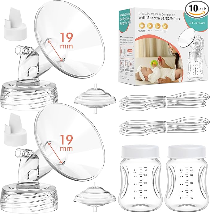 Breast Pump Parts Compatible with Spectra S1,S2,S9 Plus, Replacement Kit for Spectra Pump Parts 2PC Include 19 mm Flange, Duckbill Valve, Tube,Bottle, Backflow Protector, Not Original Accessories