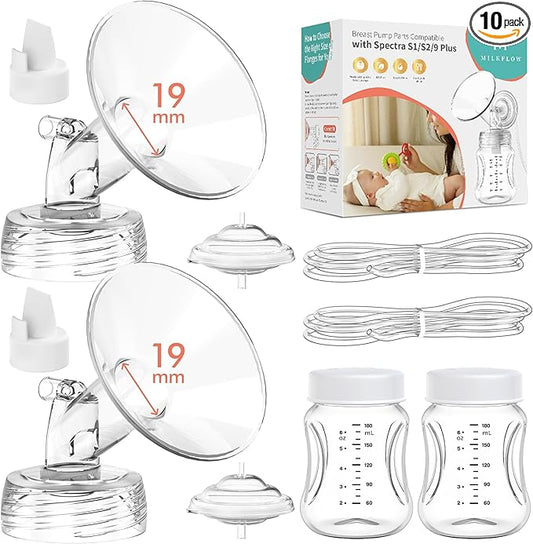 Breast Pump Parts Compatible with Spectra S1,S2,S9 Plus, Replacement Kit for Spectra Pump Parts 2PC Include 19 mm Flange, Duckbill Valve, Tube,Bottle, Backflow Protector, Not Original Accessories