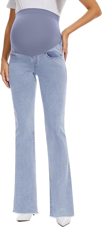 GLAMIX Women's Stretch Maternity Bootcut Jeans with Pockets Over The Belly Bell Bottoms Flare Denim Pants Pregnancy Clothes