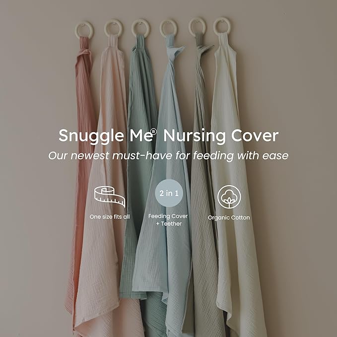 snuggle me® Nursing Cover - 100% Organic Cotton Muslin Nursing Cover Up for Breastfeeding with a BPA-Free Silicone Teether Ring, Ultra-Soft & Lightweight (33.5″ × 39.4″)
