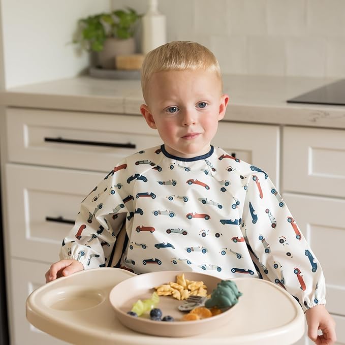 Tiny Twinkle Long Sleeve Bib for Babies & Toddlers – 2 Pack Waterproof Smock Bibs for Eating – Machine Washable & Mess-Proof, Baby Feeding Essential & Shower Must-Have (Cars,Flags,6-24M)