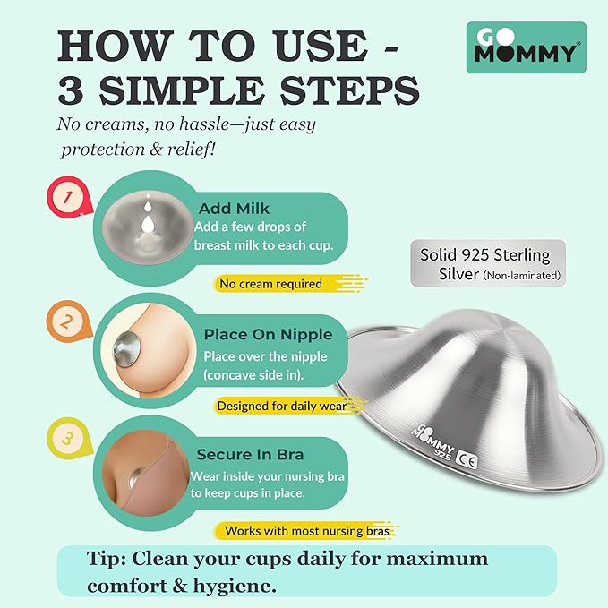 Silver Nipple Shields for Breastfeeding Newborn & A Breastfeeding Essential by Go Mommy - Silver Nursing Cups for Sore Nipple Relief, Protects & Heals Cracked Nipples