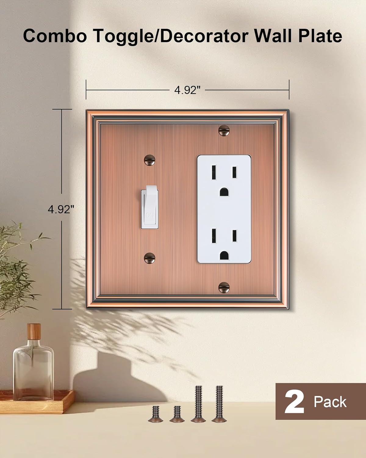 2-Pack Combo Toggle/Decorator Light Switch Cover Plate, Antique Copper Decorative Electrical Outlet Covers, Durable Solid Zinc Alloy Wall Switch Plates and Outlet Covers