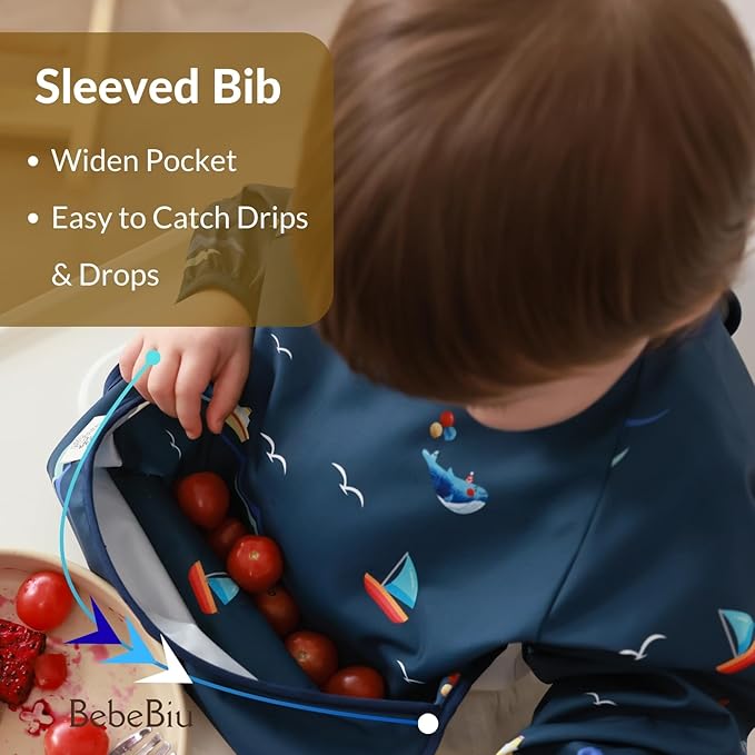 Long Sleeve Baby Bib, Waterproof Fabric, Catch-All Pocket, Baby Smock Bib, Adjustable Sleeves