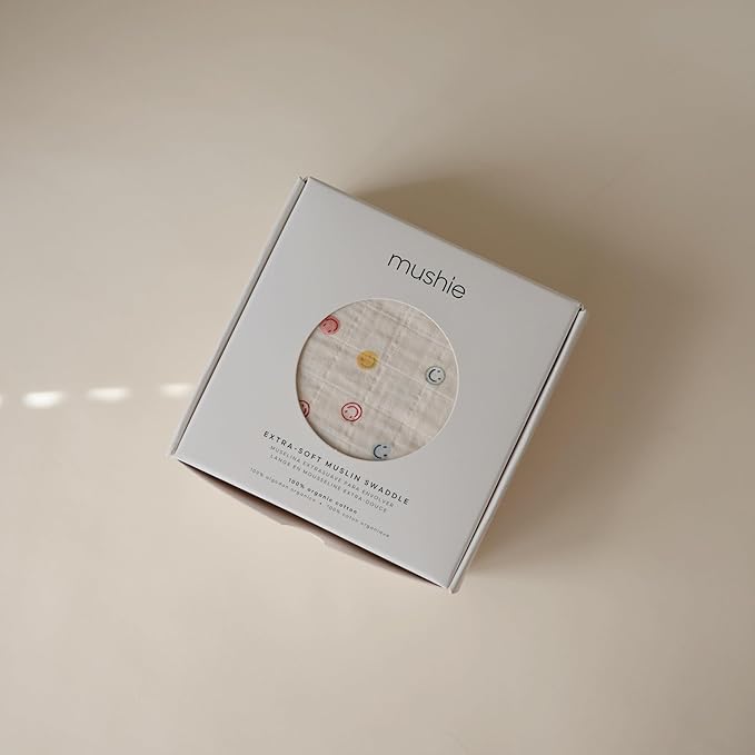 mushie Muslin Baby Swaddle Blanket | 100% Organic Cotton (Smiley Face)