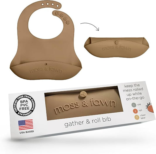 Moss and Fawn Gather & Roll Bib - Washable Waterproof Silicone Baby Feeding Bib - BPA, Lead, & PVC-Free