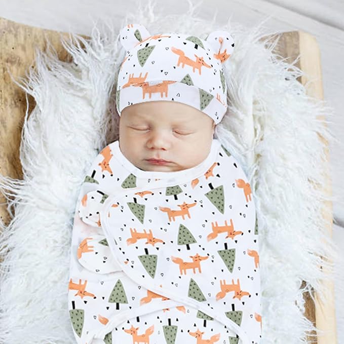Cinaci 2 Pieces Adjustable Soft Cotton Baby Swaddle Sleep Sacks Hats Newborn Nursery Caps Beanies Bonnets Swaddle Blanket Wraps for Baby Girls Boys Infants Newborns (2PCS S6)