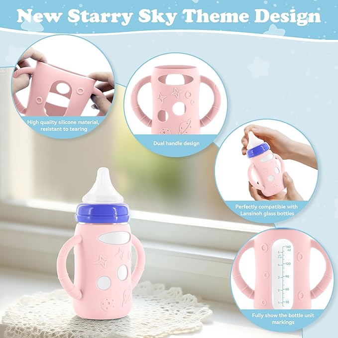 4-Pack Silicone Sleeves for Lansinoh Glass Bottles 5 oz- Starry Sky Design Baby Bottle Holder with Handles,Protectors for Lansinoh Natural Wave Glass Bottles, Anti-Scald Feeding Supplies