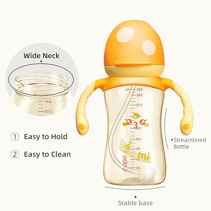 YOHKOH Natural PPSU Baby Bottle with Natural Response Nipple, Newborn Anti-Colic Baby Bottles with Handle, Wide Neck Mushroom Cap Baby Bottle (8.8oz (Pack of 2), Yellow1)