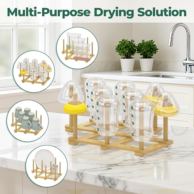 EsLuker.ly Baby Bottle Drying Rack Bamboo Vertical Dryer Holder, Foldable Space Saving for 10 Milk Glass Bottle Countertop, Wooden Drain Stand Shelf for New Parents