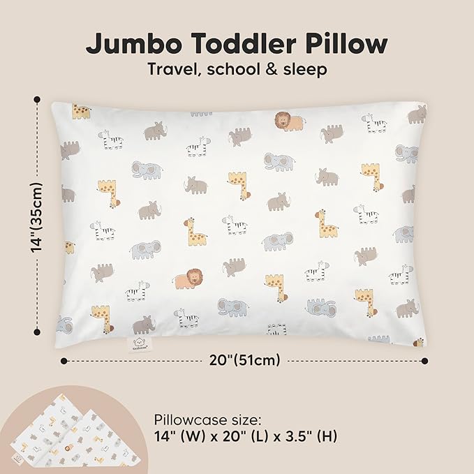 KeaBabies Toddler Pillow with Pillowcase, Jumbo 14X20 - Soft Organic Cotton Toddler Pillows for Sleeping - Machine Washable - Perfect for Travel, Toddler Bed Set (Safari Echo)